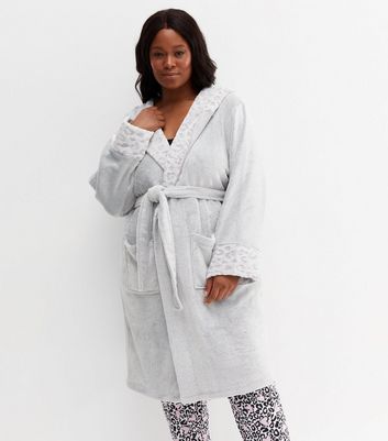 curves pale grey fluffy leopard print trim hooded dressing gown